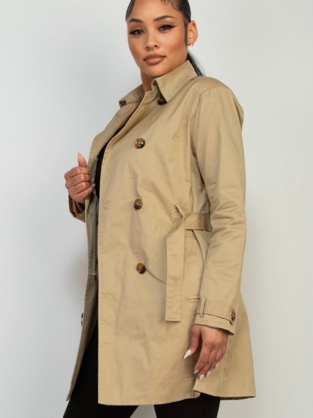 Classic Khaki Double-Breasted Trench Coat with Belt - Picture 2 of 5